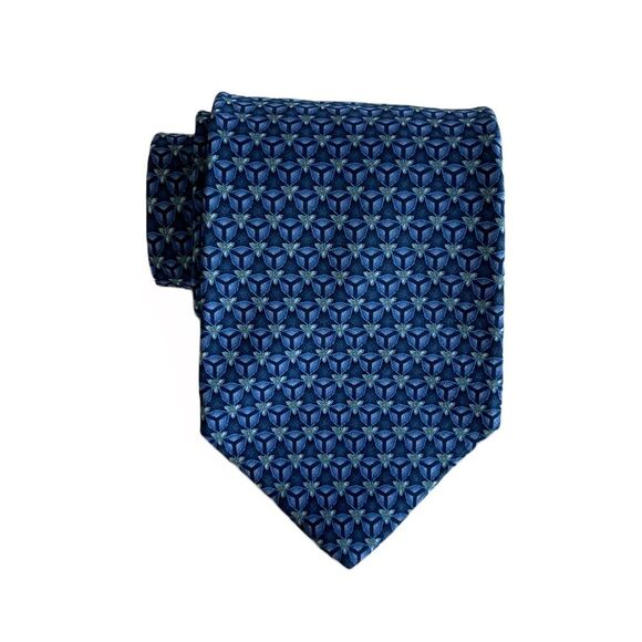 Oscar de la Renta 100% Silk Tie Blue Geometric Luxury Retro Designer Necktie - Picture 6 of 8